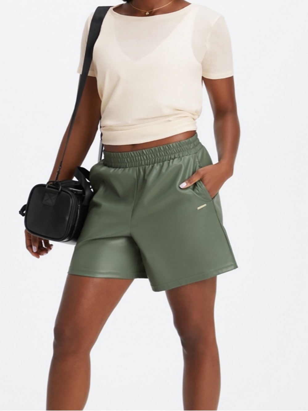Athleta Smoke Green High Waisted Vegan Leather Pull On Shorts W/ Pockets